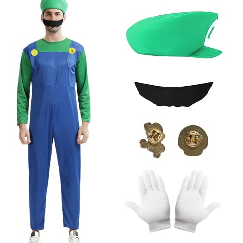 Amycute Disfraz de Super Bros Cosplay para Niños Adultos, Classic Traje con sombrero y bigote para Carnaval, Halloween, Disfraces (S, verde adulto)